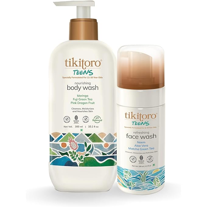 Tikitoro Teens Natural Bath Combo 100% Vegan with Nourishing Body Wash and Refreshing Facewash, No Parabens & Sulphates (Age: 11+) (300 ml x 1 & 100 ml x 1) - Image 1